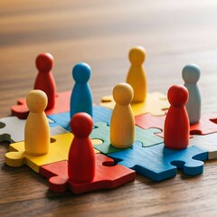 Obraz premium group of people in a circle, RelevanceColorful wooden figures represent diverse people connecting on jigsaw pieces. Teamwork, diversity concept visualizes HR strategies for inclusive workplace culture