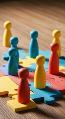 chess pieces on the board, RelevanceColorful wooden figures represent diverse people connecting on jigsaw pieces. Teamwork, diversity concept visualizes HR strategies for inclusive workplace cultures.