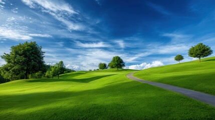 A serene view of lush green hills under a blue sky filled with wispy clouds.