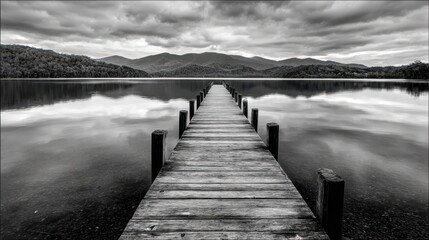 A serene black and white image depicting a wooden pier extending over a still lake, surrounded by mountains and reflective skies, evoking peace and solitude.
