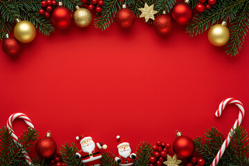 Festive Christmas border with candy canes, ornaments & evergreen branches