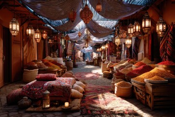 Fototapeta premium A bustling traditional market scene filled with vibrant, colorful fabric tents overhead
