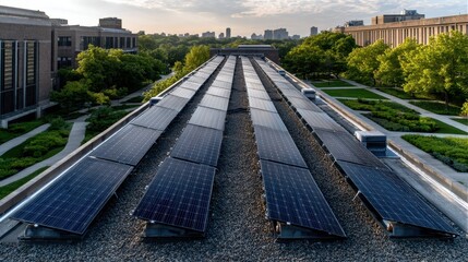 This image captures solar panels installed on a building rooftop, showcasing sustainable energy solutions in an urban environment.