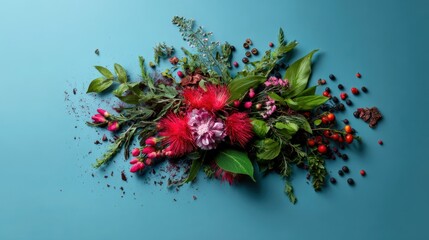 A stunning display of vibrant flowers, herbs, and berries against a serene turquoise backdrop, showcasing nature?s beauty and intricate details in colorful harmony.