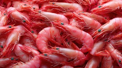 A stunning close-up of fresh, vibrant red shrimp piled together, showcasing their sleek, glistening bodies and distinctive features.