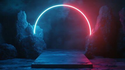 Neon archway between rocky outcrops