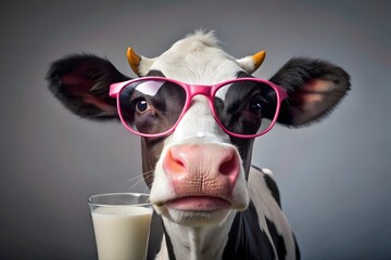 A black and white cow wearing pink glasses and holding a glass of milk