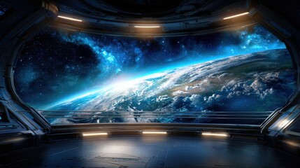 A breathtaking view of Earth from a futuristic space station, showcasing vibrant colors and textures of our planet amidst a cosmic backdrop filled with stars and galaxies.