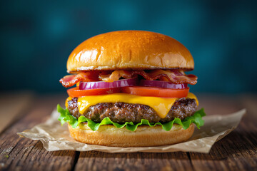 Juicy cheeseburger with melted cheddar, lettuce & tomato