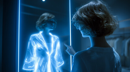 A Person Using a Sleek Smart Mirror for a Virtual Clothing Try-on in a Futuristic Store.