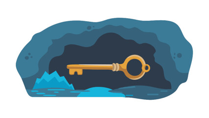 Unlock the mystery: golden key in cave illustration for adventure game asset and treasure hunt concept
