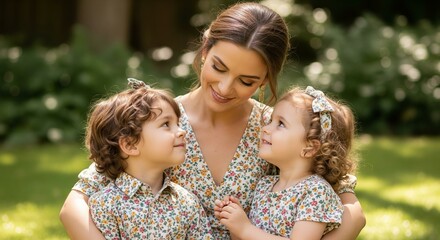 Obraz premium A mother and her two kids snuggled together in a group hug for warmth while sitting by a crackling campfire at night.
