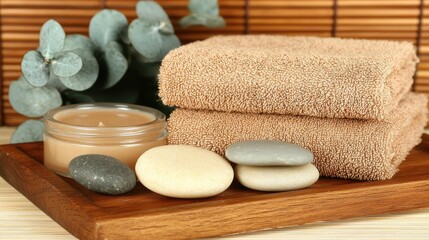 Spa Arrangement with Towels Candle and Smooth Stones