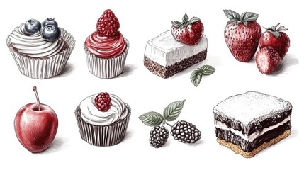 Pencil illustration of food including detailed fruits, desserts, and meals sketched with shading, texture, and artistic flair for use in culinary publishing, menus, or food branding.