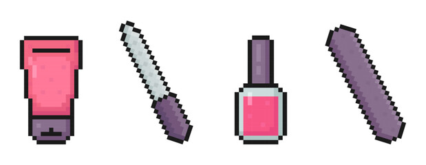 cosmetics pixel art set of icons, nail care products, manicure, pedicure, nail file, nail polish, hand cream, 8 bit, old arcade game style, icons for mobile app, retro, vector illustration