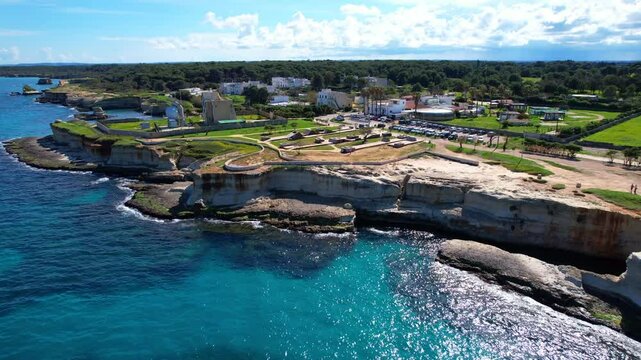 Faraglioni di Sant'Andrea - Torre Sant'Andrea, Salento, Lecce, Apulia, Italy - Aerial view from the sea to the mainland
