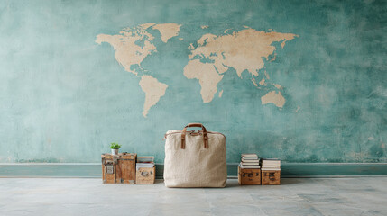 Empty room, world map, travel bag