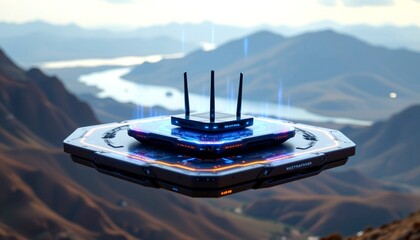 A modern router showcases seamless connectivity against the backdrop of majestic mountains, symbolizing the power of modern networking