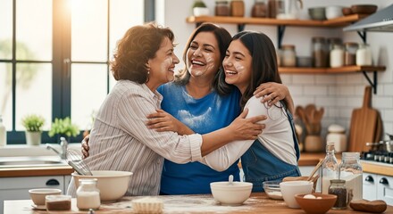 Three generations of a Hispanic family sharing a laughing group hug in a sunny kitchen, with flour on their cheeks from baking together.
