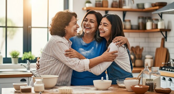Three generations of a Hispanic family sharing a laughing group hug in a sunny kitchen, with flour on their cheeks from baking together. - Powered by Adobe