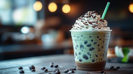 Iced matcha frappuccino in disposable cup