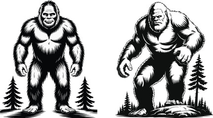 Bigfoot Silhouette Vector in Forest Landscape, Sasquatch Clipart Design – Mythical Creature Illustration, Forest Monster Bigfoot SVG – Outdoor Adventure Design, Retro Bigfoot Design – Mountain Camping