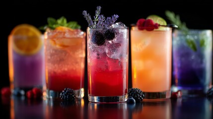 Vibrant mixed cocktails in tall glasses, garnished with fresh fruits and herbs, showcasing a variety of flavors.