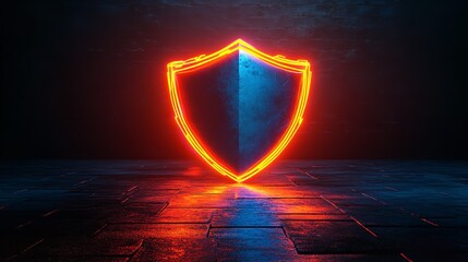 Glowing Neon Shield in Dark Background with Bokeh Lights