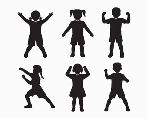 Kids silhouette vector illustration showing multiple children in playful and standing poses. Ideal kid set for educational designs, websites, or creative projects requiring children themed visuals 