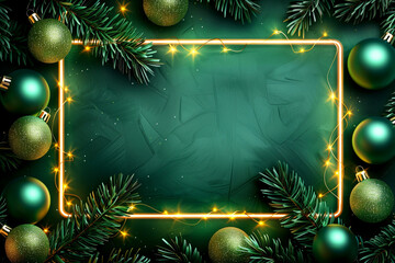 Decorated dark green Christmas background with garland and glowing neon frame with copy space