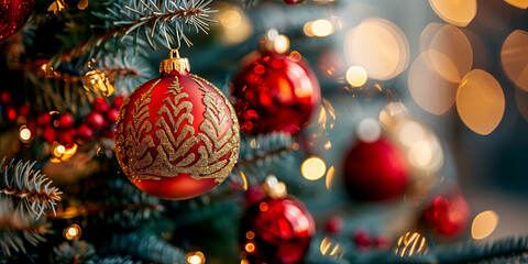 Red glass toys with shiny golden pattern on Christmas tree with soft bokeh on background