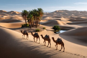 A desert showcasing a caravan of camels walking in single file across golden sand dunes