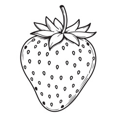 Detailed Line Art Depiction of a Ripe Strawberry Featuring Prominent Seeds and a Fresh Leafy Crown in a Simple Design