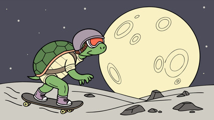 Turtle skateboarding on the moon cartoon illustration vector graphic art design for kids and adults