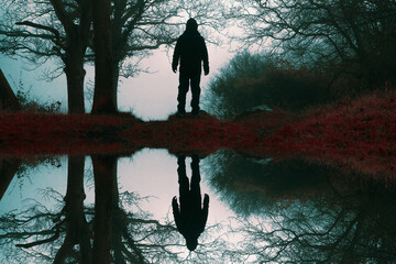 a reflection duplicate horror concept. of a scary hooded figure, standing in a forest on a foggy winters day