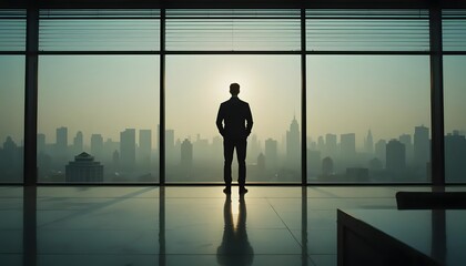 Fototapeta premium Businessman silhouette looking at city skyline office window success and leadership concept