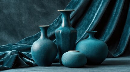 Ceramic vases and objects on velvet fabric in monochromatic Transformative Teal, soft shadows, elegant lighting