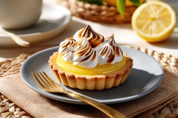 A small pie filled with smooth yellow lemon cream, topped with perfectly toasted meringue peaks