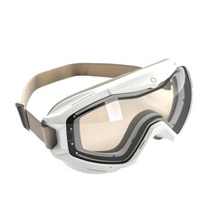 stylized 3D render of a pair of ski goggles with tinted lens, elastic band and plastic frame, presented diagonally on white background