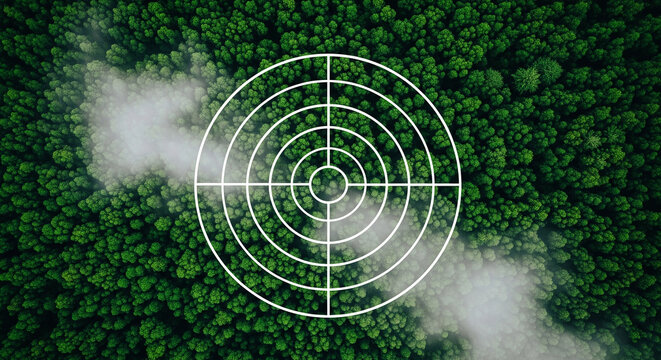 Aerial view of lush green forest with superimposed target graphic, symbolizing environmental conservation or achieving sustainability goals