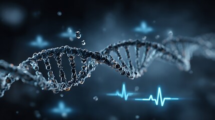 Futuristic abstract medical background with double DNA strands, electronic reception line banner, water drops, heart rhythm icon and wave pattern on gradient blue backdrop