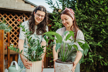 Two female friends or sisters taking care of plants with water can and mister	
