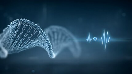 Futuristic abstract medical background with double DNA strands, electronic reception line banner, water drops, heart rhythm icon and wave pattern on gradient blue backdrop