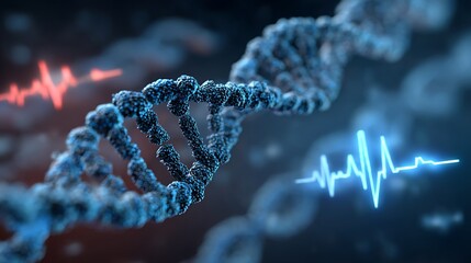 Futuristic abstract medical background with double DNA strands, electronic reception line banner, water drops, heart rhythm icon and wave pattern on gradient blue backdrop
