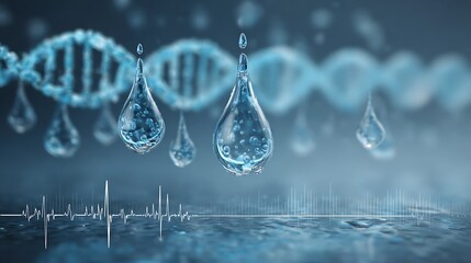 Futuristic abstract medical background with double DNA strands, electronic reception line banner, water drops, heart rhythm icon and wave pattern on gradient blue backdrop