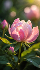 Obraz premium A delicate pink peony flower blooms with water droplets on petals