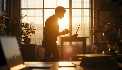 Remote work lifestyle: man working on laptop with coffee at home office during golden hour