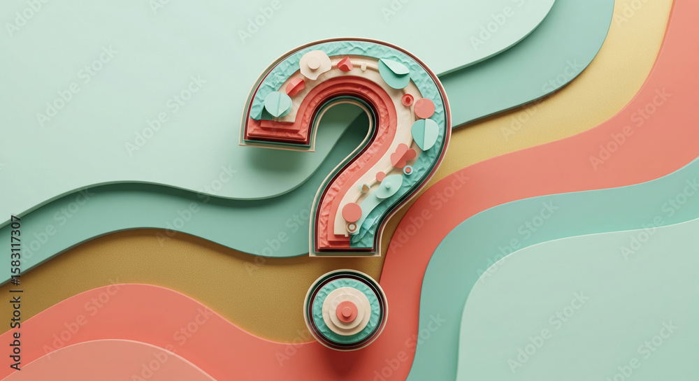 Poster Layered pastel question mark on wavy background, showcasing abstract design and concept of inquiry or uncertainty, suitable for various design projects