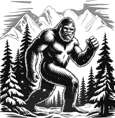 Fototapeta premium Bigfoot Silhouette Vector in Forest Landscape, Sasquatch Clipart Design – Mythical Creature Illustration, Forest Monster Bigfoot SVG – Outdoor Adventure Design, Retro Bigfoot Design – Mountain Camping