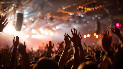 A dynamic indoor festival scene filled with a crowd of raised hands swaying to the rhythm of the music